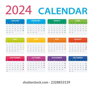 Vector template of color 2024 calendar - Monday to Sunday