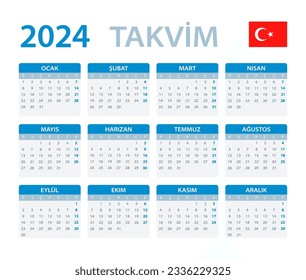 Vector template of color 2024 calendar - Turkish version