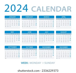 Vector template of color 2024 calendar - Monday to Sunday