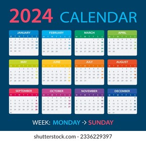 Vector template of color 2024 calendar - Monday to Sunday