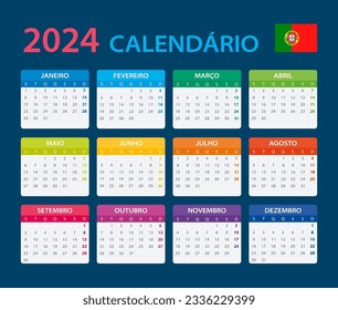 Vector template of color 2024 calendar - Portuguese version