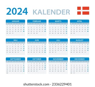 Plantilla vectorial del calendario de color 2024 - Versión de Dinamarca