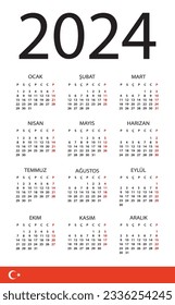 Vector template of color 2024 calendar - Turkish version