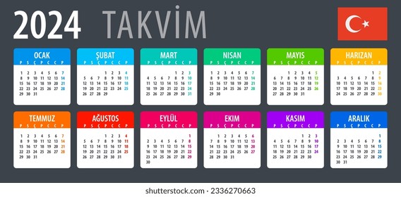 Vector template of color 2024 calendar - Turkish version