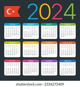 Vector template of color 2024 calendar - Turkish version