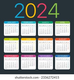 Plantilla de vector de color del calendario 2024 - de lunes a domingo