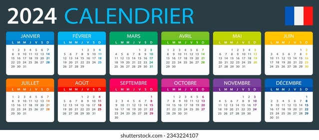 Vector template of color 2024 calendar - French version