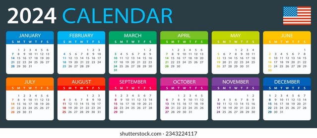 Vector template of color 2024 calendar - English American version