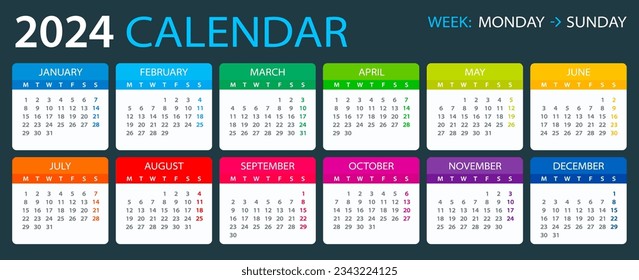 Vektorvorlage mit Farbe 2024 Kalender - Montag bis Sonntag