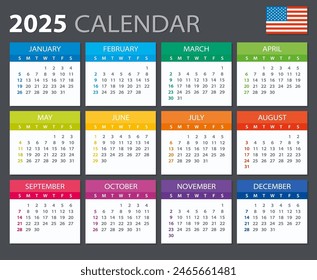 Vector template of color 2025 calendar - English American version