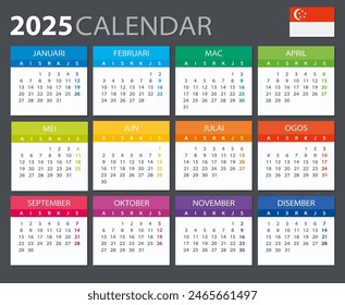 Vektorgrafik Vorlage des Farbkalenders 2025 - Singapur