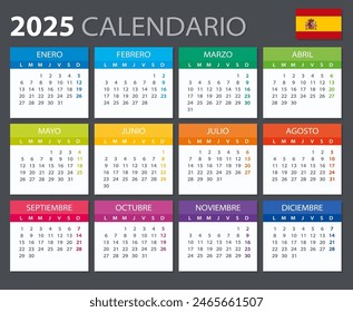 Vector template of color 2025 calendar - Spanish version