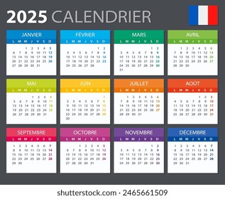 Vector template of color 2025 calendar - French version