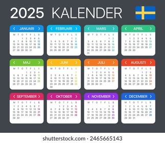 Vector template of color 2025 calendar - Swedish version