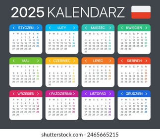 Plantilla de Vector de color 2025 calendar - versión polaca