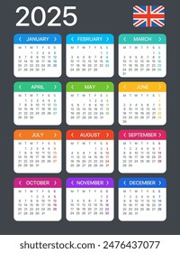 Vector template of color 2025 calendar - English version