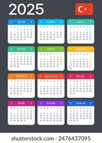 Vector template of color 2025 calendar - Turkish version