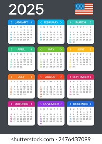 Vector template of color 2025 calendar - English American version