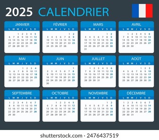 Vector template of color 2025 calendar - French version