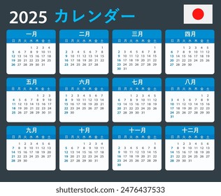 Vector template of color 2025 calendar - Japanese version
