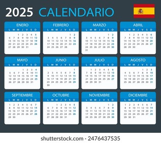 Vector template of color 2025 calendar - Spanish version