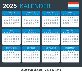 Plantilla de Vector de color 2025 calendar - versión holandesa