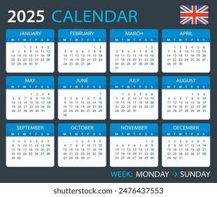 Vector template of color 2025 calendar - English version