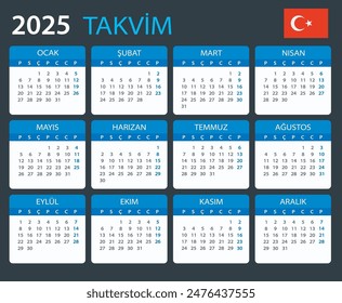 Vector template of color 2025 calendar - Turkish version