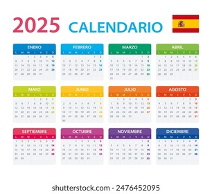 Vector template of color 2025 calendar - Spanish version