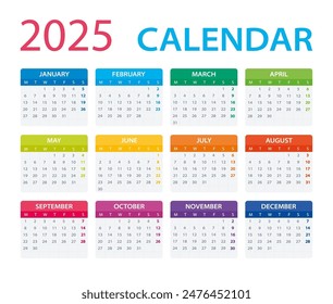 Vector template of color 2025 calendar - Monday to Sunday