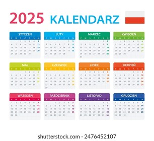 Plantilla de Vector de color 2025 calendar - versión polaca