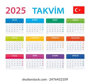 Vector template of color 2025 calendar - Turkish version