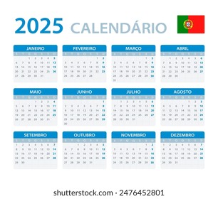 Vector template of color 2025 calendar - Portuguese version