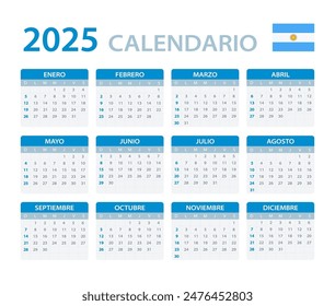 Vector template of color 2025 calendar - Argentinian version