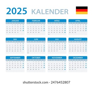 Vector template of color 2025 calendar - German version