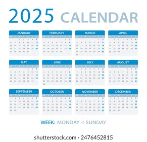Vector template of color 2025 calendar - Monday to Sunday