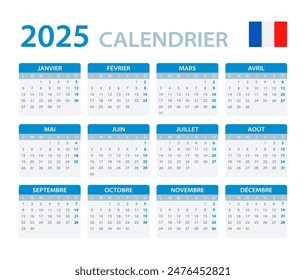 Vector template of color 2025 calendar - Portuguese version