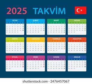 Vector template of color 2025 calendar - Turkish version