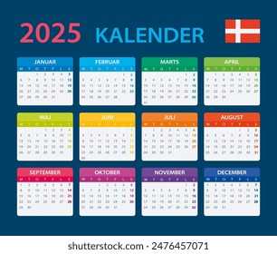 Vector template of color 2025 calendar - Danish version