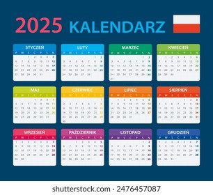 Vector template of color 2025 calendar - Polish version