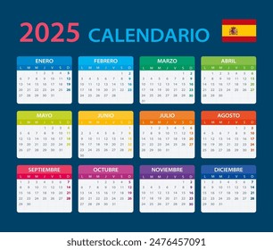 Vector template of color 2025 calendar - Spanish version