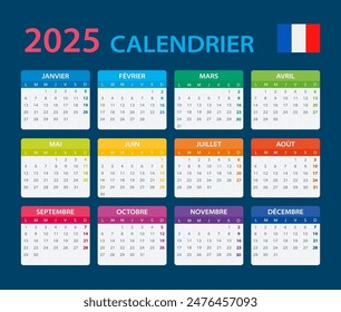 Vector template of color 2025 calendar - French version