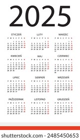 Vector template of color 2025 calendar - Polish version