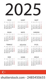 Vector template of color 2025 calendar - Turkish version