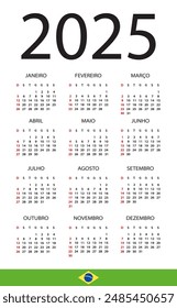 Vector template of color 2025 calendar - Brazilian version