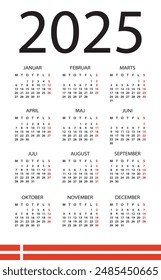 Vector template of color 2025 calendar - Danish version
