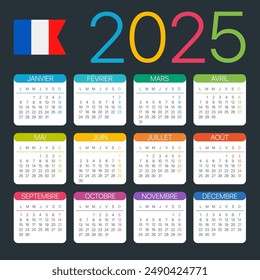 Vektorgrafik Vorlage des Farbkalenders 2025 - Französisch