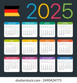 Vector template of color 2025 calendar - German version