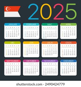 Vector template of color 2025 calendar - Singaporean version