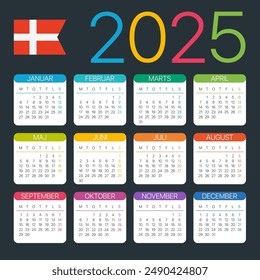 Vector template of color 2025 calendar - Danish version